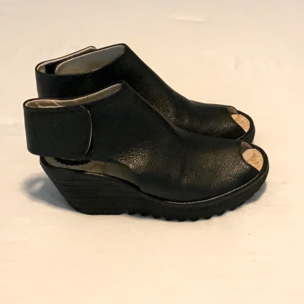 Fly London Peep-toe Platform Wedge-Sandal Black Euro 37.  Like new!